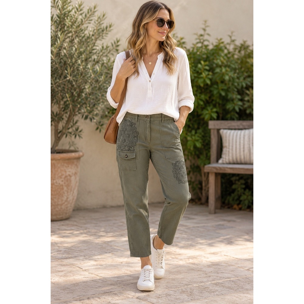 J. Jill Utility Pants Women 10 Boho Mandala Embroidery Olive Green Slim Cargo